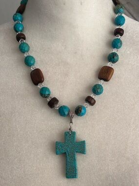 925 turquoise stone cross necklace w/faceted and wooden beads/clear crystals
